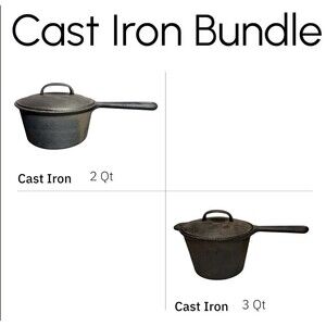 Vintage Cast Iron Saucepan Pot Set 2 Qt & 3 Qt Stew Pan Camp Pot w/ Lid Unmarked